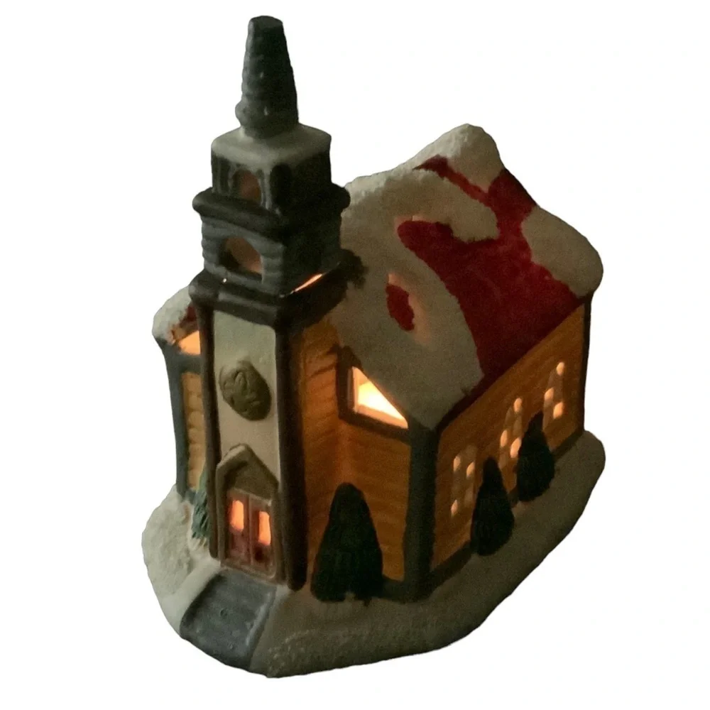 Vintage Village Church Candle Holder Tea Light Porcelain Pierced Cut Outs 3 in